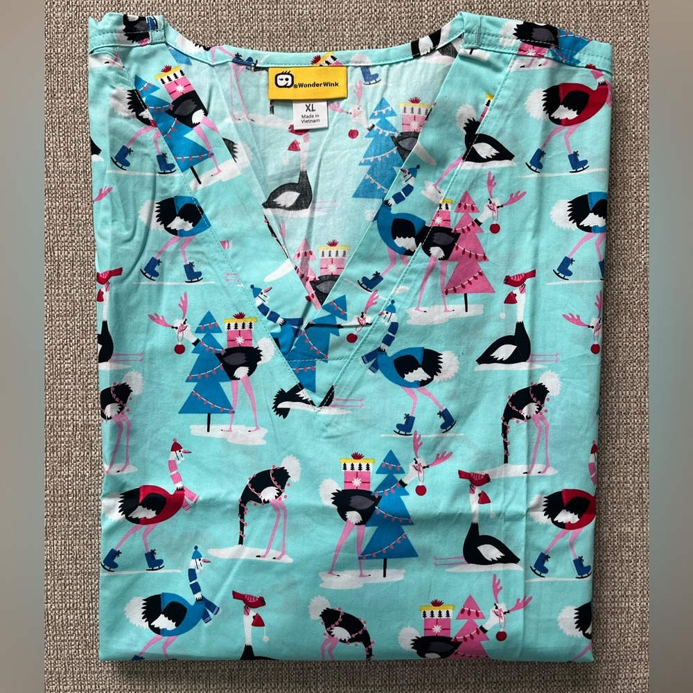 WonderWink Blue Winter Ostrich Print Scrub Top